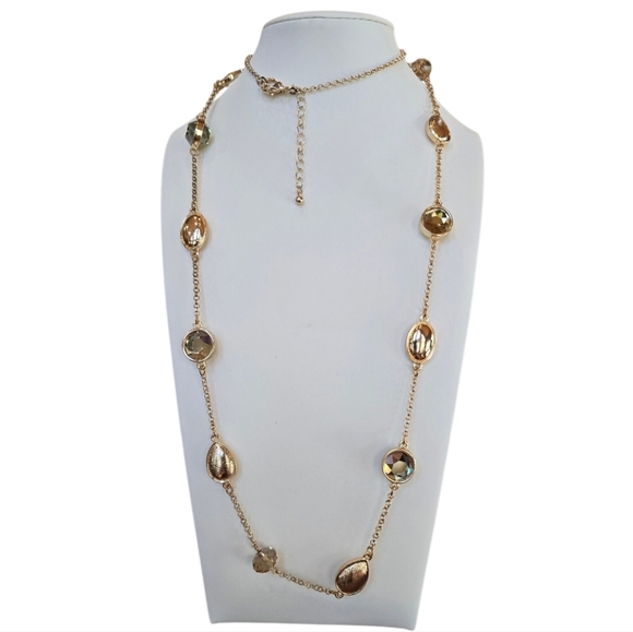 Jewelry - Goldtone Round Faceted Smokey Brown Crystal Chain Link Necklace